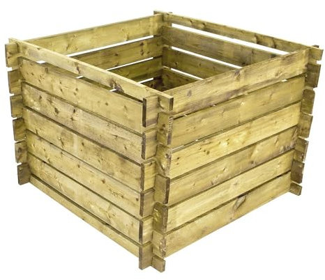 Composteur de jardin en bois imprégné vert.
