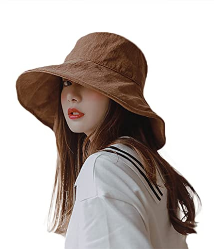 YULOONG, Sombrero de Cubo de Verano para Mujer, Sombrero de Viaje Plegable de ala Ancha, protección UV, Sombrero de Playa, 100% algodón, Gorra para Exteriores Marrón