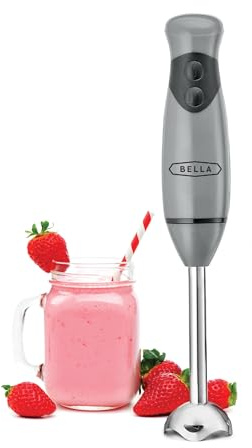 BELLA Immersion Hand Blender, Portable Mixer with Whisk Attachment - Electric Handheld Juicer, Shakes, Baby Food and Smoothie Maker, Stainless Steel, Grey