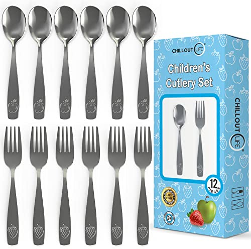 CHILLOUT LIFE Stainless Steel Kids Silverware Set 12 Pieces - Child and Toddler Safe Flatware - Kids Utensil Set - Metal Kids Cutlery Set (Includes 6 Small Kids Spoons & Kids 6 Forks)