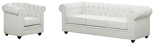 Vente-unique-Sofá 3 plazas y sillón Chesterfield - Piel sintética - Blanco