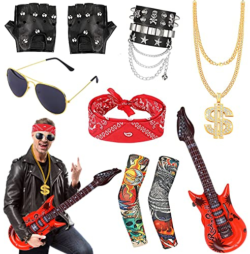 KKSJK 80er 90er Gothic Rocker Kit Herren, Punk Kostüm Accessories - Sonnenbrille | Goldketten | Stirnband | Tattoo Armel | Punk-Handschuhe | Aufblasbare Gitarre | PU Leder Armband für Hip Hop