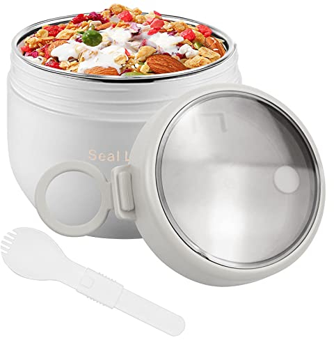 bainuote Müsli To Go Becher 600ml Joghurtbecher Auslaufsicherer Müslibecher To Go Porridge Becher Edelstahl Lunchbox to go mit Klapp-Löffel für Jedes Frühstück Mittagessen-Weiß