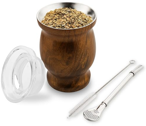 binsakao Yerba Mate Cup Set - Stainless Steel Double - Walled Mate Cup with Bombilla Yerba Mate Straw, Cleaning Brush & Lid 250ml 8.4 oz (Wood)