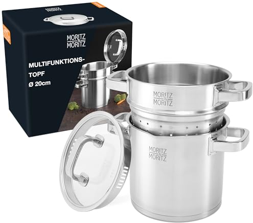 Moritz & Moritz Pentola per pasta alta con colino in acciaio inox da 20 cm - pentola pasta con coperchio - Capacità fino a 5 litri - Adatta a tutti i tipi di fornelli