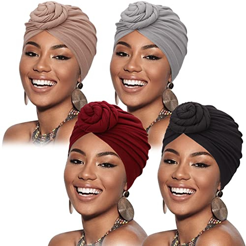 DRESHOW 4 Pack Women Turban African Pattern Knot Headwrap Beanie Pre-Tied Bonnet Chemo Cap Hair Loss Hat