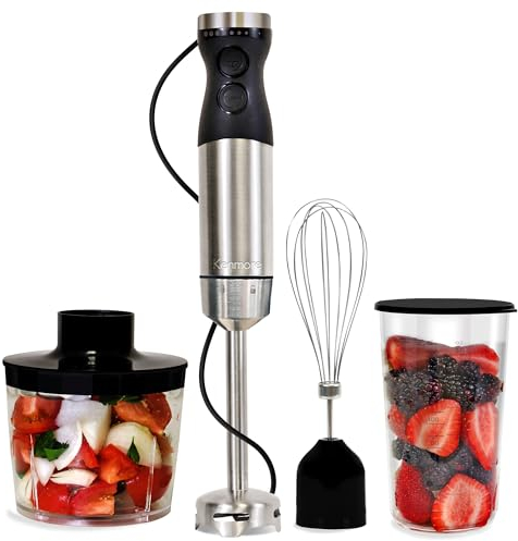 Kenmore Handheld 4-in-1 Immersion Blender Stick Blender Electric Hand Blenders Food Processor Chopper Whisk 700mL Beaker Lid Stainless Steel Quad Blade for Kitchen Baby Food Soup Puree Smoothies