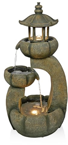 Alpine Corporation 32 Tall 2-Layer Pagoda Polystone Fountain with LED Lights, Cascading Waterfall, Outdoor Garden and Patio Water Feature, Zen Decor, Relaxing Sound, Brown