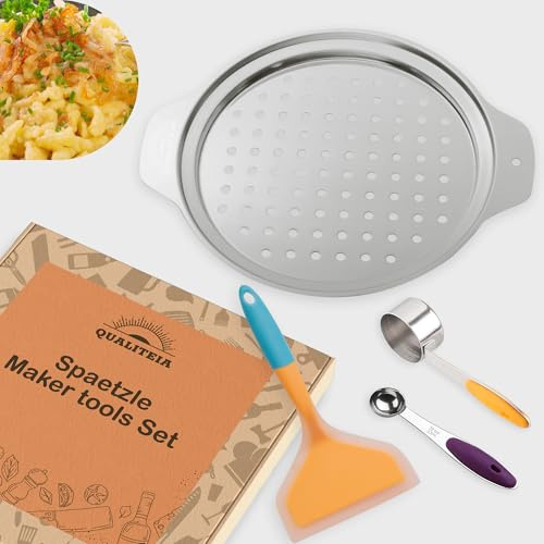 Spaetzle Maker Lid - Set with Silicone Spatula and 2 Measuring Cups, German Noodle Tool, Spaetzle Utensil Stainless Steel, Spaetzle German Noodles, Spaetzle Press Lid, Traditional, Manual Pasta Maker