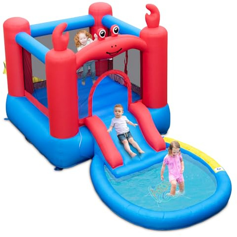 COSTWAY Inflatable Bouncy Castle, Crab-themed Water Park with Slide, Splashing Pools, Ocean Balls, Blow Up Children Jumper for Indoor Outdoor
