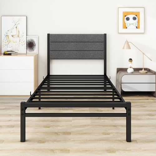MOFLUT Single Bed Frame with Storage and Upholstered Headboard, Heavy Duty Platform Bed Frames Single with Metal Slat Support, No Box Spring Needed &Easy Assembly, Gray Single Bed