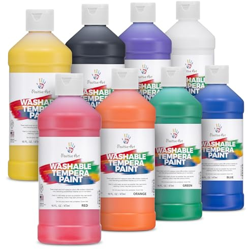 Positive Art Washable Paint for Kids – (8 Colors, 16 oz Each) Made in USA, Non-Toxic Tempera Paint Set – Bulk Classroom Paints for Students, Finger Painting, School Use – 8 Pack