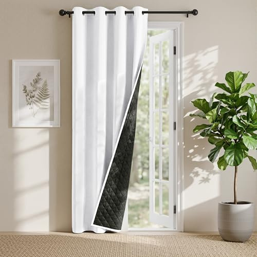 PONY DANCE Doppio Strato Tenda Oscurante con Anelli Tenda per Porta Termica Isolante Freddo e Caldo Blackout Curtain Pesanti 1 Pezzo L 140 x A 200 cm, Bianco Puro