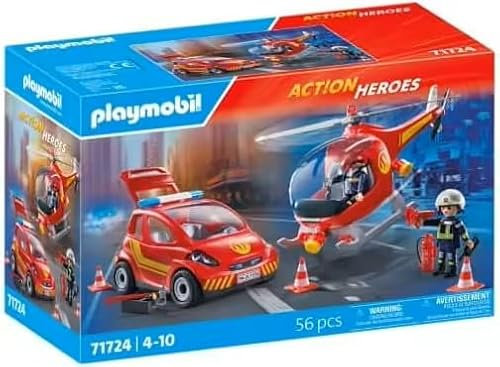 Playmobil 71724 – Brigade de Pompiers avec Hélicoptère et Voiturette | 56 Pièces | Jouet Enfant dès 4 Ans | Set Complet | Idée Cadeaux