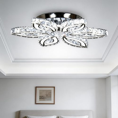 FRIXCHUR 20-inch Modern Crystal Chandelier Flower-Shaped LED Chandelier K9 Crystal and Acrylic Cool White 6500K Suitable for Living Room, Bedroom, and Dining Room