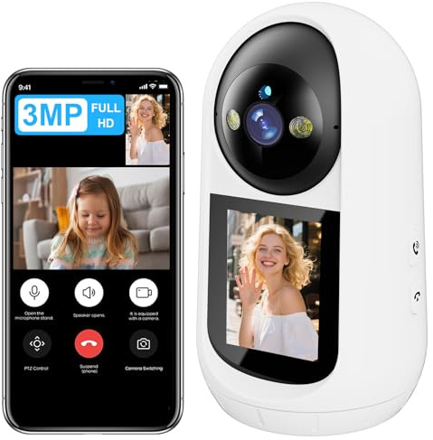 ANTELA Inomhus Wi-Fi-kamera, 3MP, äldre/barnövervakningskamera med en knapp, 355°/90° syn, dubbelriktat ljud, nattsyn, rörelsedetektering, 2,4 GHz