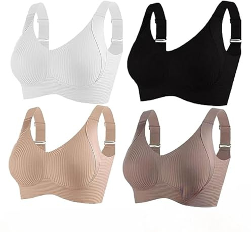 Floral She Brasier, Women's Solid Color Four Rows Adjustable Wireless Bra, Full Coverage Soft Seamless (4pcs,M)
