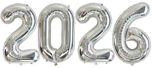 Ponmoo 40 Inches Foil Balloon 2026 Silver, 101cm, Inflated with Helium or Air, Giant Balloons 2026 for New Year Party Decoration