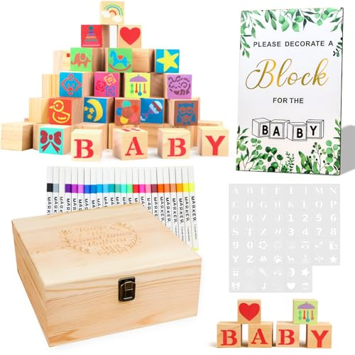 138 PCS Funny Baby Shower Games Sign Kit,Baby Shower Favours,52 DIY Blank Wooden Block 60 Stencils 24 Watercolor Marker for Wedding Baby Shower Game.Gender Reveal Games.