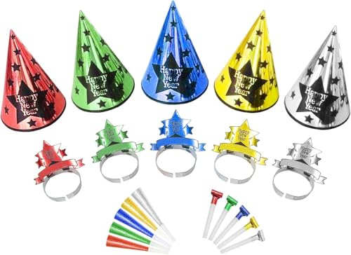 Generico Set da Festa per Capodanno, 20 Pezzi con Cappellini Metallizzati e Trombette, Decorazioni Multicolore con Stelle