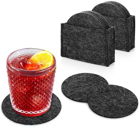 Van Henry Salvamanteles de fieltro redondos para cerveza, posavasos de fieltro en gris oscuro para vasos, tazas y jarrones, paquete de 20 unidades, incluye caja, 10 cm de diámetro