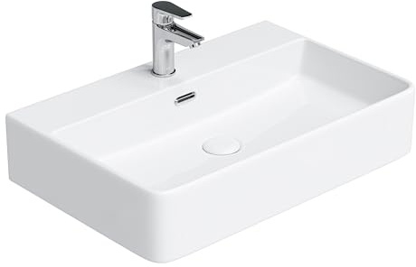 HOROW Bathroom Ceramic Wash Basin Sink Countertop or Wall Mounted Rectangular Basin,Slim Edge & Storage Ledge Design for Bathroom, Cloakroom, Small WC (White, 60 * 42 * 14 cm)