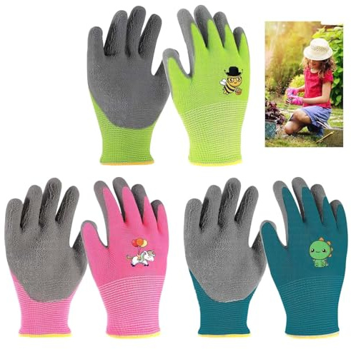 PENCHUAN 3 paia di guanti da giardinaggio per bambini 9-12 anni, guanti da lavoro per bambini con rivestimento in lattice, guanti protettivi antiscivolo, guanti da giardinaggio, ragazzi e ragazze