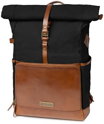 DRAKENSBERG Rolltop - Zaino Arthur in tela e pelle con scomparto per computer portatili, pratico scomparto per tecnica e gadget, 20-30 l, Nero , L