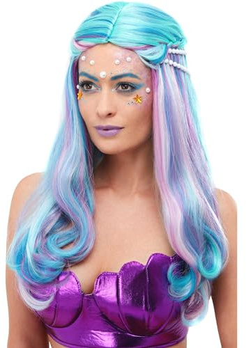 Smiffys Meerjungfrauenperücke, Blau, mit Perlen Halloween