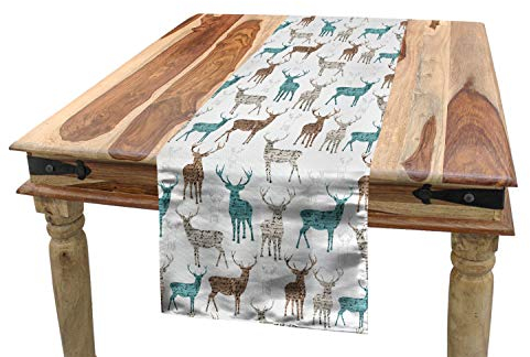 ABAKUHAUS Hirsch Tischläufer, Alt Text Tiere Weihnachten, Esszimmer Küche Rechteckiger Dekorativer Tischläufer, 40 x 180 cm, Türkis Beige Braun