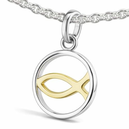 CLEVER SCHMUCK Ichthys Halskette Silber im Ring 17 mm teilvergoldet & Erbskette 40 cm Sterling Silber 925 für Kidner im Etuicreme