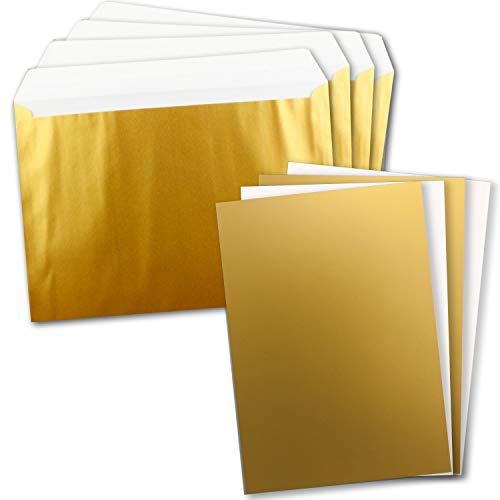 5x XXL Einzelkarten-Set in DIN A4 (21 x 29,7 cm) inkl. Umschlägen in DIN C4 - Metallic Gold - Briefumschlag mit Haftklebung - für Versand von Grußkarten, Urkunden und Gutscheinen geeignet