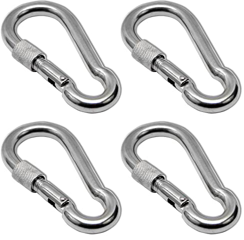 PRIOstahl Lot de 4 mousquetons avec écrou de sécurité - 8 x 80 mm x 4 pièces avec sécurité à vis - Mousqueton à vis - Fixation pour fauteuil suspendu - Sac de frappe en acier inoxydable V4A
