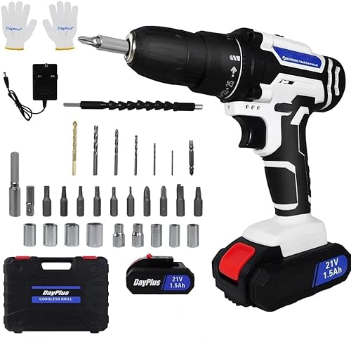 21V Cordless Power Drill Set,Impact Drill Screwdriver with 2 Speed,25+1 Torque 3/8 Keyless Chuck Driver,Electric Drill with LED Light,1.5AH Li-ion Battery,Fast Charger,26 Accessories,1 Kitbox