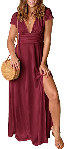 QUNERY Vestido Largo Mujer Manga Corta Vestido Mujer Verano Elegante Vestidos Cuello en V Dividido Verano para Fiesta en la Playa Rojo Vino M