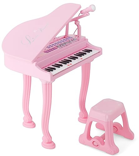 DREAMADE Clavier 37 Touches, Jouet Piano pour Enfants avec Tabouret, Instrument de Musique Mini Piano à Queue avec Microphone, Enseignement Guidé par La Lumière (Rose 37 Touches)