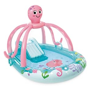 INTEX Friendly Octopus Aufblasbarer Kiddie Pool: aufblasbarer Kinderpool mit Wassersprüher und Rutsche – Splash Pad – 233,7 x 182,9 x 149,9 cm – ab 3 Jahren