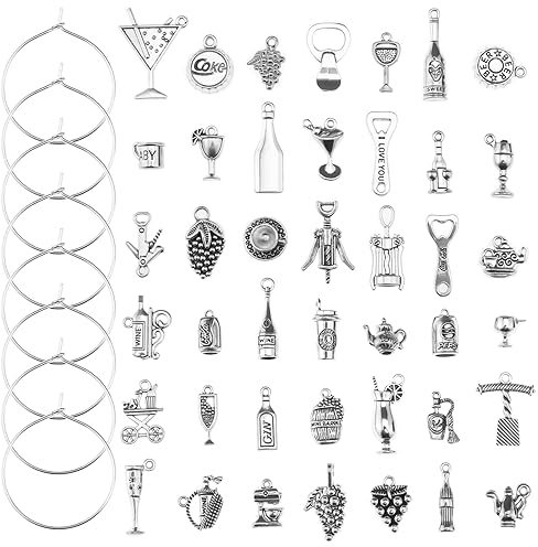 VGOL 42 ciondoli in vetro da vino con ciondoli in vetro da vino a tema anello, per decorazioni per feste di vino del Ringraziamento Natale, 25 mm, 25mm, Metallo