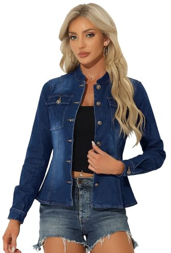 Allegra K Chaqueta de Mezclilla Casual para Mujer Chaqueta Vaquera Clásico de Manga Larga Azul Oscuro L