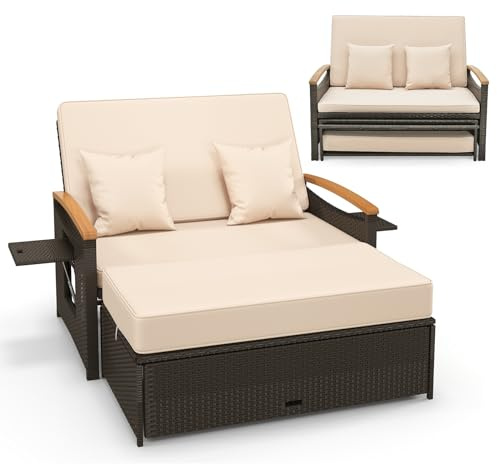 COSTWAY Garden Rattan Daybed, Patio Double Chaise Lounger Sun Bed with 4-Level Adjustable Back, Storage Ottoman, Cushions, Pillows & Side Trays, Outdoor Loveseat Sofa Conversation Furniture (Beige)