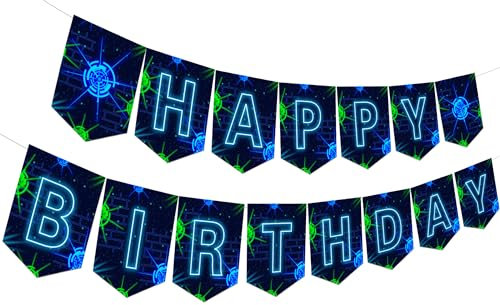 Fangleland Laser-Tag Geburtstagsbanner Dekorationen für Jungen - Blau / Schwarz, Laser-Tag Thema, 'Happy Birthday', Hängende Dekorationen, 15 cm x 20 cm