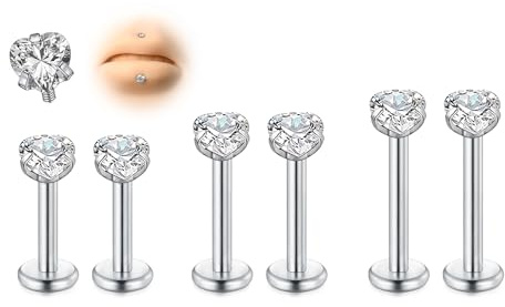 AVYRING 6 pezzi di filo in acciaio inox Medusa Flat Back earrings, 16G 6/8/10mm Silver Tragus Cartilage Helix Lip Labret Studs with Steel Ball and CZ for Women Men Forward Helix Jewelry, Acciaio