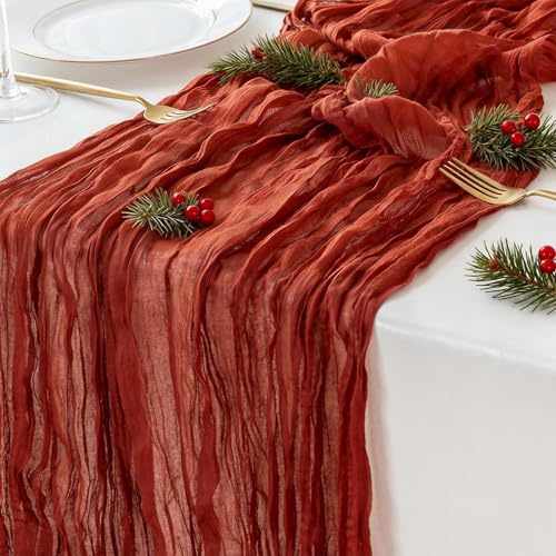 Sioloc 1 Stück Terrakotta Mulltuch Tischläufer 90x300 cm Boho Gaze Läufer für Herbstdeko, Hochzeit, Party, Baby Bridal Shower, Geburtstags Tischdekoration