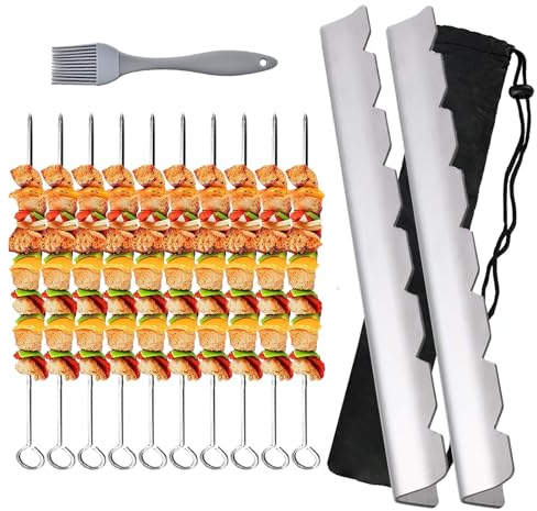 Juego de 2 soportes para brochetas y 10 brochetas de metal para barbacoa, pinchos de carne de acero inoxidable con soporte, accesorios universales para parrilla de gas, parrilla de carbón, ahumador