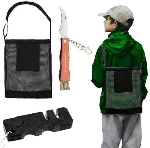 Pilzmesser mit Bürste und Lineal, Taschenmesser mit Großvolumige Pilzsammeltasche, Holzgriff Pilzmesser mit Gravur, Edelstahl Schwammerlmesser Klappmesser Messer pilzbürste für Dschungelpflücken