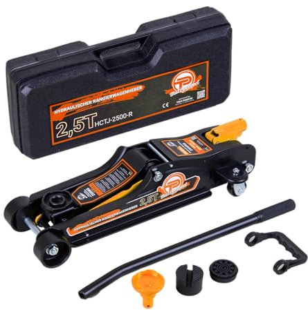 Wagenheber hydraulisch 2,5 Tonnen Flache Ausführung 80mm – 360mm Low Profile inkl. Koffer + SUV- Adapter + 2X Gummiauflage Hydraulischer KFZ- Rangierwagenheber 360° Rollen (Orange)