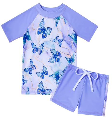 Fanient Swimming Costume for Girls Blue Purple Butterfly Printed Swimwear Girls Two Pieces Swimsuit Summer Beach Set 6-7 Years