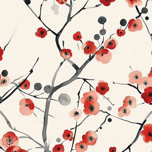 Carta da Parati Fiori Rossa, 44 x 300 cm Carta da Parati Floreale Beige e Nero Ramo Parato Adesivo Fiori di Prugna Alberi Piante Boho Pellicola Adesiva per Mobili,Camera da Letto,Soggiorno,Bagno