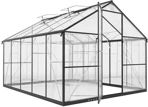 Outsunny Serra da Giardino in Policarbonato con Telaio in Lega di Alluminio 7.5㎡, Serra per Orto con Grondaie, 2 Finestre a Tetto Regolabili, Porta a Battente, per Piante, Anti UV, 304x247x205cm, Nero