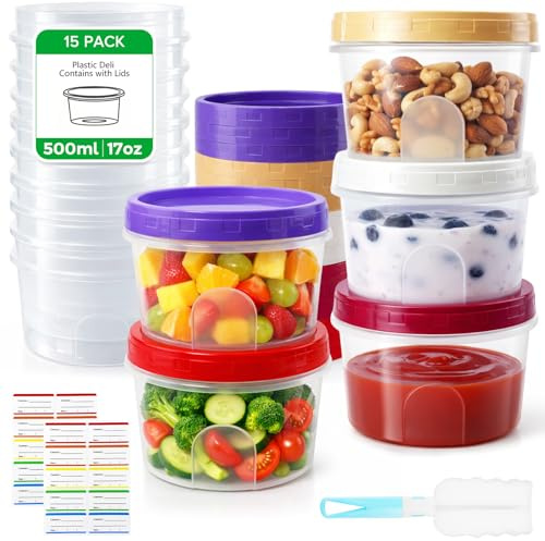 Furuising 15 Piezas Redondo Taper Plastico 500ml, Tupper Pequeño para Snacks Hermetico, Botes Plastico con Tapa Porciones para Alimentos, Almuerzo, Salsas, Yogur, Microondas, Congelador, Lavavajillas